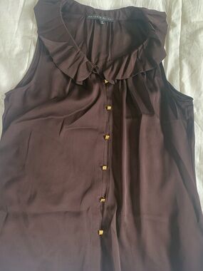 Antonio Melani Brown 100% Silk Ruffle Collar Camisole | Gold Button Front